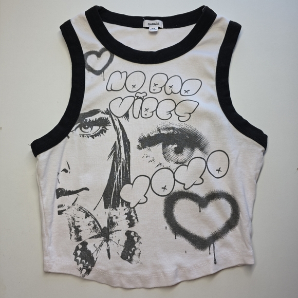 Garage Black & White Graphic Cropped Tank Top Womens Sz S NWOT No Boo Vibes  Y2K - Picture 1 of 6